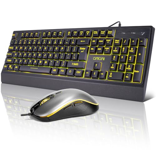 Large Print Keyboard and Mouse Combo, Red-Yellow-Blue Backlight Quiet Keyboard with Wrist Rest, Oversized Letters, USB Wired, Full Size Keyboard with mice Set Compatible for Windows,PC, Laptop - Black