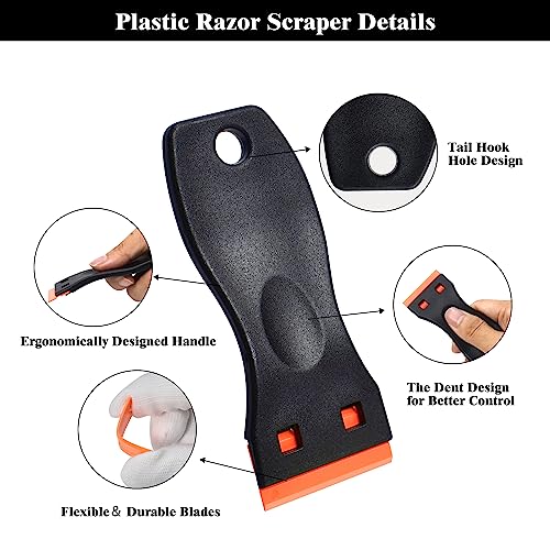 Reevaa Plastic Razor Blades Scraper With 20Pcs Plastic Razor Blades Scraper Tool For Window Tint,Vinyl Wrap,Sticker Remover Plastic Scraper Tool,Label,Decal, Floor,Household For Cleaning,Car Paints. #TOP1