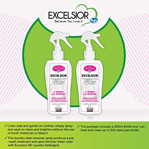 Excelsior Hestain-U Clothes Laundry Stain Remover, Bleach-Free Detergent, Baby Fabric-Safe, Color-Safe Liquid Cleaner, 625X Clothing Stain Removal Per Bottle, Natural Enzyme Formula, 250Ml, (2 Pack) #TOP2