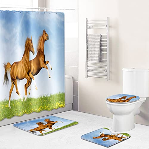Badezimmerteppich Grünes Braunes Pferd Badematte Set 3 Teilig,Teppich Badvorleger rutschfeste (45x75)+U-Typ…