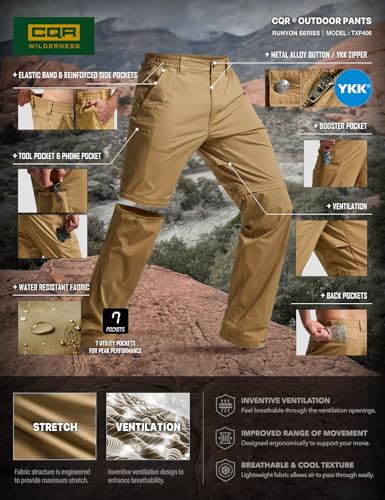 Image of CQR Men's Convertible Cargo Tactical Pants, Water Resistant Outdoor Hiking Pants, Zip Off Lightweight Stretch Work Pants