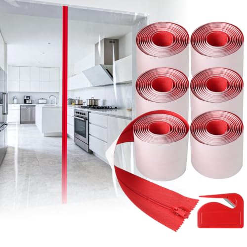CALPALMY (6-Pack) Heavy-Duty Dust Protector Zipper - Self-Adhesive Instant Door Zipper Roll- 7 Ft. Long x 3 in. Wide Double-Sided Red - Includes Plastic Sheeting Cutter Accessories