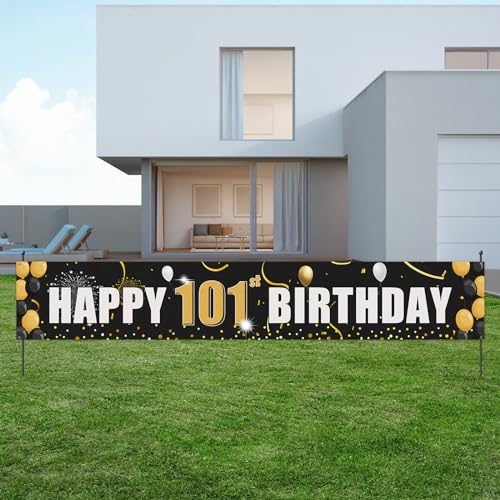 Happy 101st Birthday Banner, 101st Birthday Party Men's and Women's Decorative Courtyard Signs, Large Courtyard Banner Photo Booth Props, 9.8 x 1.6 Feet