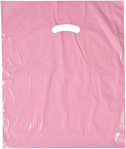 Stephanie Imports Made In USA - Paquete de 125 bolsas de plástico rosa brillante (12 x 15 pulgadas) con asas troqueladas