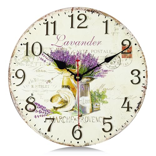 Lafocuse 30cm Reloj de Pared Lavanda Vintage Madera, Silencioso Retro Flor Reloj...