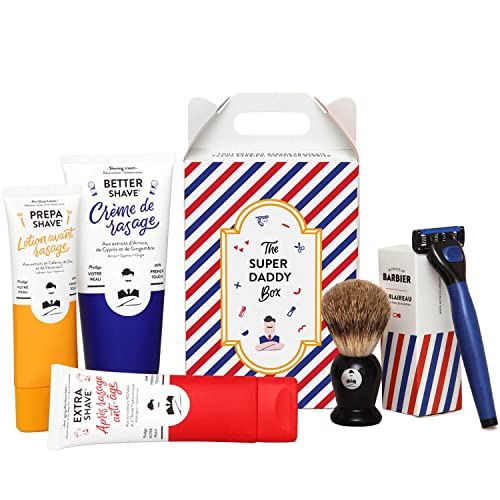 Kit de afeitado de Monsieur Barbi | francés, natural y vegano | Antes de afeitar, crema de afeitado, después de afeitar, rallar y afeitar, 5 cuchillas | Caja de regalo para hombres y pieles sensibles