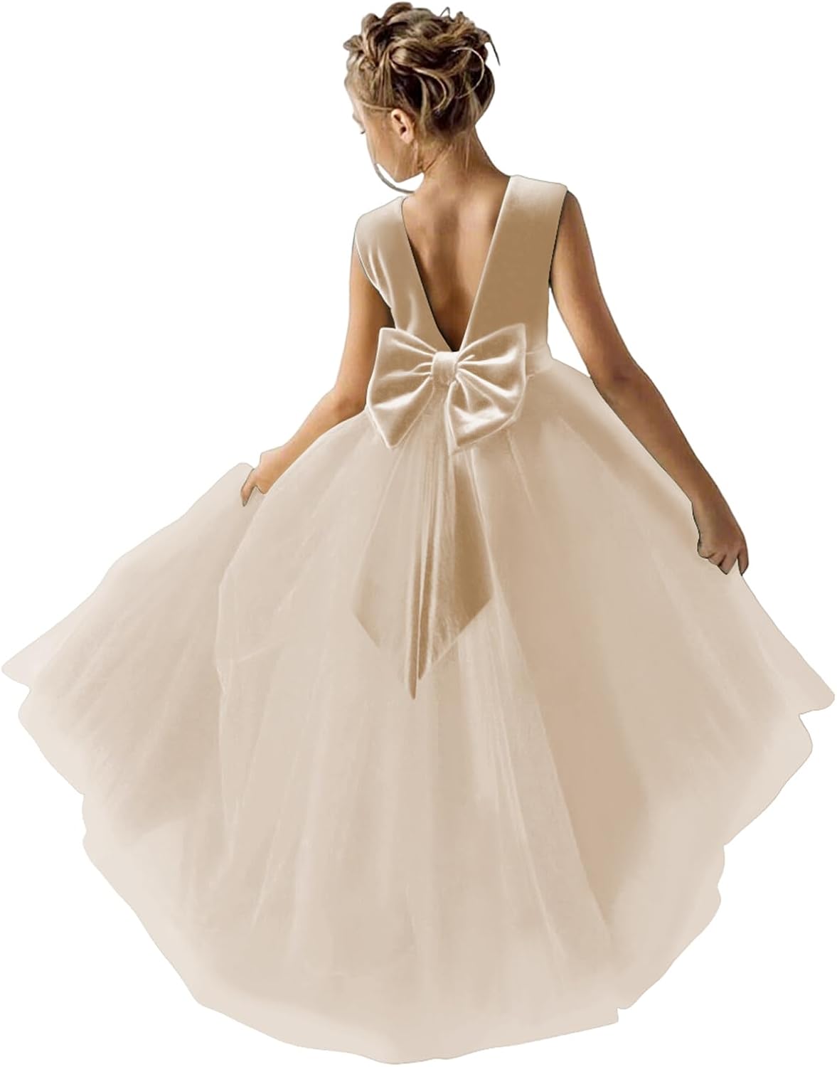 Flower Girls Dress for Wedding Satin Tulle Pageant Formal Communion Dress Pearls Prom Ball Gown with Bow-Knot