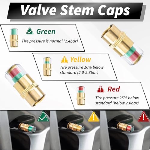 4 PCS Tire Pressure Caps, Tire Pressure Monitor Valve Stem Caps, 3 Colors Alarm Tire Indicator, Universal 36PSI Tire Pressure Caps with Sensor, Valve Stem Caps for Cars, SUVs, Trucks