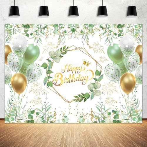 Image of Greenery Birthday Banner Backdrop 71 x 43 Inch Sage Green Party Decorations Happy Birthday Photo Backdrops Eucalyptus Leaves Ballon Banner for Photography Women 21st 30th Party Supplies