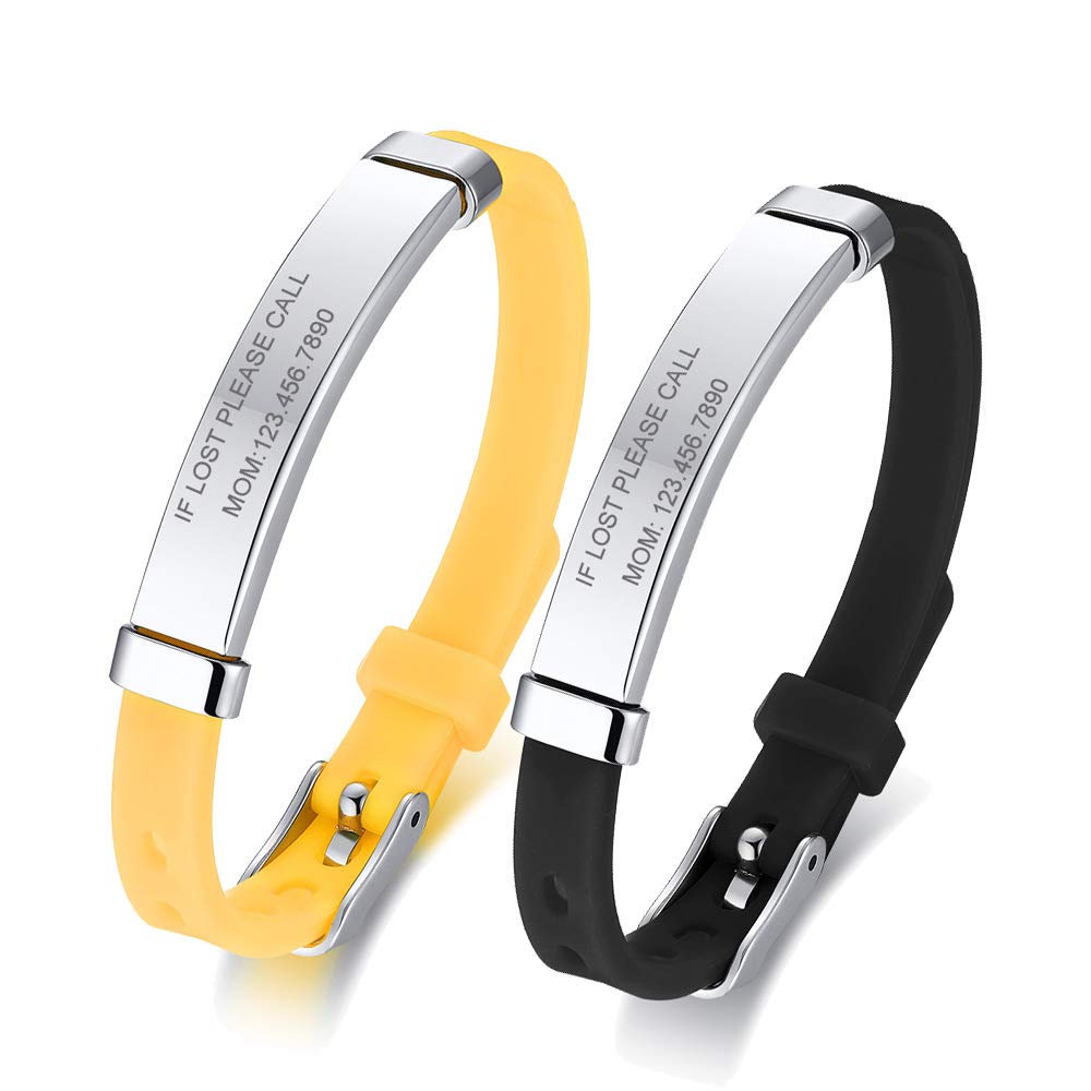 Pack of 2 Assorted Color Personalised Stainless Steel Soft Silicone Child Safety ID Bracelets Adjustable Anti-Lost ID Wristbands for Kid Girls Boys