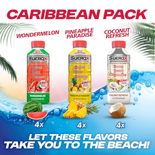Image of SueroX Sugar Free Electrolyte Drink, Caribbean Pack, 21.3 Fl Oz, 12 Count | Sports Drink with 8 Ions, Zero Sugar, Zero Calories, Hydration & Recovery