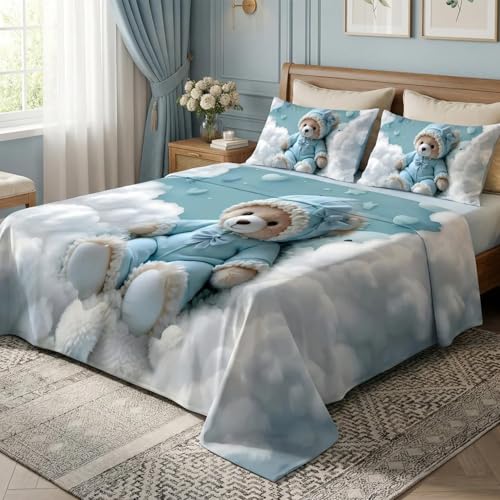 Image of 7D Fairy Tale Sky Buddy Collection King Bedsheet 108x108 inch with 2 Pillow Covers | Good Stitching, Soft Fabric & Vibrant 7D Digital Print for Kids & Couples (Blue)