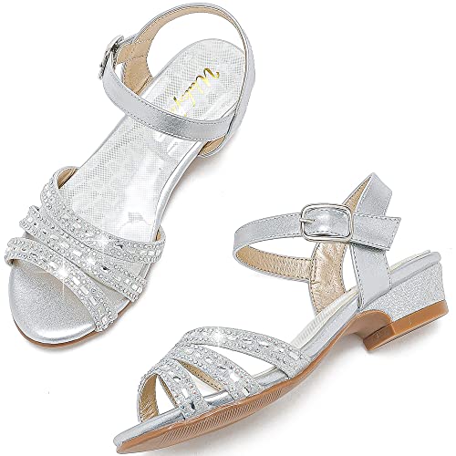 Walofou Toddler Girl Sandals Flower Girl High Heel Sequins Silver Cute Sandals For Big Girls Party Wedding (08 Silver 4) #TOP2