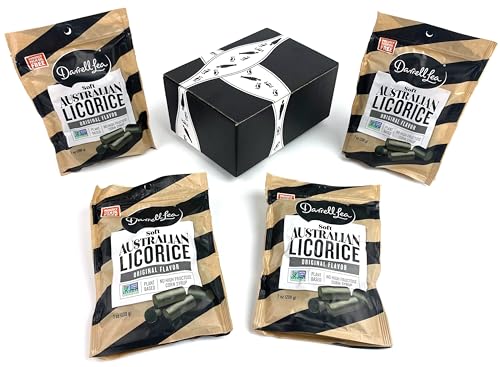 Darrell Lea Original Soft Eating Liquorice, 7 oz Bags in a BlackTie Box (Pack of 4)