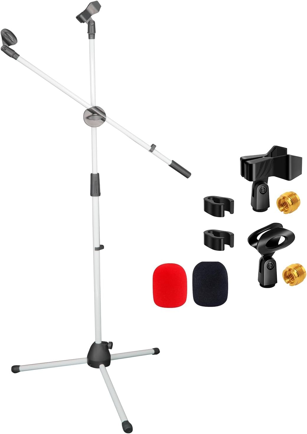 5 Core Mic Stand Floor Universal Height Adjustable 63" Tripod Holds 2 Mics Portable Foldable Heavy Duty with Telescoping Boom Arm for Studio On Stag White - MS DBL G WH