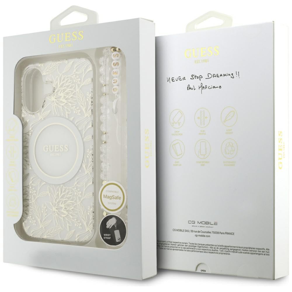 CG Mobile Guess IML Blumen Electro Pearl Armband kompatibel mit MagSafe Hülle für iPhone 17 (Weiß) | MagSafe kompatibel, für iPhone 17