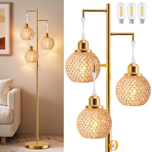Image of QiMH Glass Floor Lamps for Living Room, Standing Lamp for Bedroom, Amber
