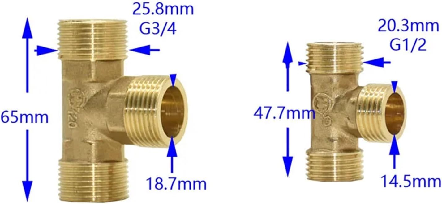 2pcs Male 1/2 3/4 Plumbing T Type Connector Brass G1/2 G3/4 Tee Water Splitter Threaded Connector Pipe Fittings(3I4) Plumbing Fittings