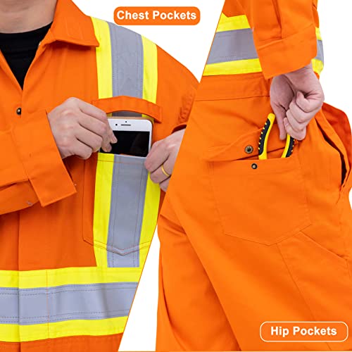 Work Idea Flame Resistant Fr Coverall Men's High Visibility Hi Vis Coverall Reflective Action Back Jumpsuit With Muti Pockets, Oversized Fit(Orange,Xl) #TOP3