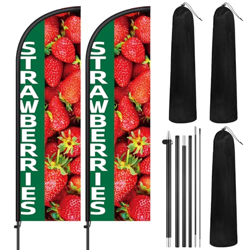 Remagr 2 Pack Strawberries Feather Flag 7 ft Advertising Swooper Flag Sign Windless Strawberries Banner with Pole Kit and Ground Stake for Business Farm Fruit Stand Cart Decor
