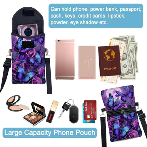 Image of Neoprene Cell Phone Sleeve Pouch Case Bag with Crossbody Strap Neck Lanyard for Women 7.5 X 4.3 in Purple Butterfly