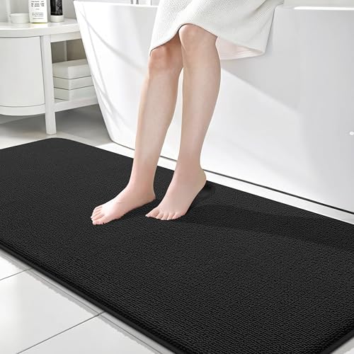 Image of OLANLY Thick Memory Foam Bathroom Runner Rugs 70x24, Extra Soft Absorbent Long Bath Rug, Quick Dry Bath Mats, Non-Slip, Machine Washable Mat for Bathroom, Tub and Shower, Home Decor Accessories, Black