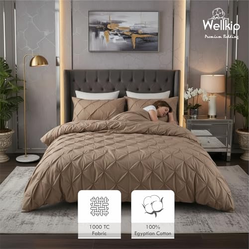 Image of Pinch Pleated Duvet Cover Set 1000TC 100% Cotton Premium 3-Pieces 1-Duvet Cover & 2-Pillow Cover Luxury Look Home and Hotel Zipper & 8-Tie Closure (Taupe, Super King 100 X 108 Inch)