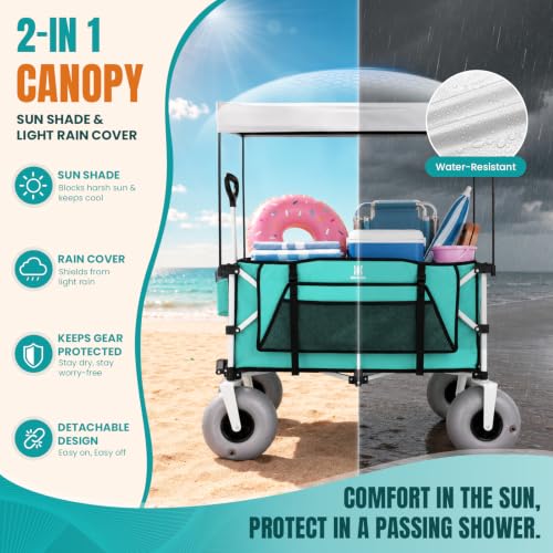 Image of Navatiee Beach Wagon with Big Balloon Wheels for Sand, 200L Extra Large Beach Cart with Canopy, 440Lbs Heavy Duty Folding Wagon Collapsible with 9 inch Tires & Side Pocket for Beach, Outdoor, Light Blue