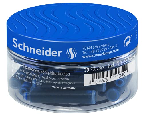 Schneider P006703 Tintenpatronen (Standard Patronen für Füller, löschbar) königsblau, 30 Stück