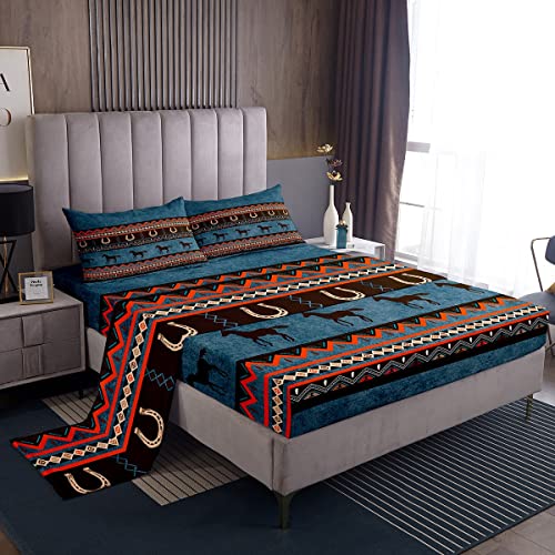 Feelyou Western Bed Sheet Set Aztec Horse Bedding Set For Kids Adult Cowboy Cowgirl Southwestern Native Fitted Sheet Retro Boho Ethnic Tribal Sheet Sets Turquoise Blue Bedroom Decor Queen Size 4Pcs #TOP19