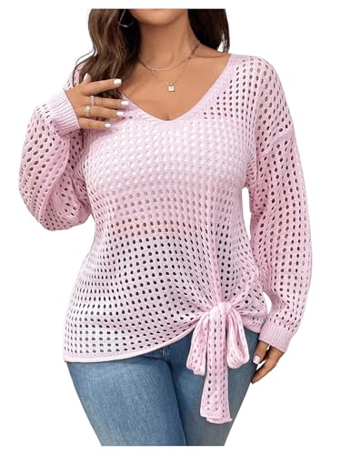 Image of SOLY HUX Women's Plus Size Sheer Sweater Hollow Out Knot Hem V Neck Drop Shoulder Long Sleeve Pullover Tops Plain Pink 2XL
