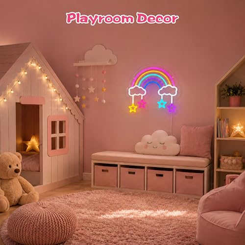 Image of Rainbow Star Neon Sign, Colorful LED Wall Light, USB Powered Dimmable Rainbow Sign for Girls Bedroom, Nursery, Playroom and Classroom Decor, Room Makeover Gift Idea, 17.3 x 13.4 Inches