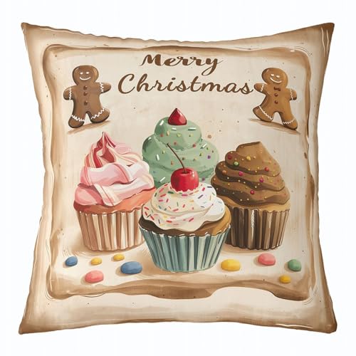 Manfei Christmas Cupcake Pillow Cover for Kids Teens,Cute Gingerbread Man