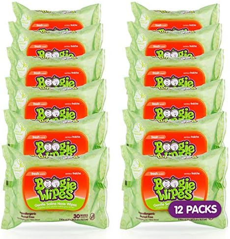 Boogie Wipes Gentle Saline Nose Wipes - 360 Count - Fresh Scent, Hypoallergenic & Alcohol-Free - Allergy Relief - Made with Natural Saline, Aloe, Chamomile & Vitamin E - Diaper Bag Essential