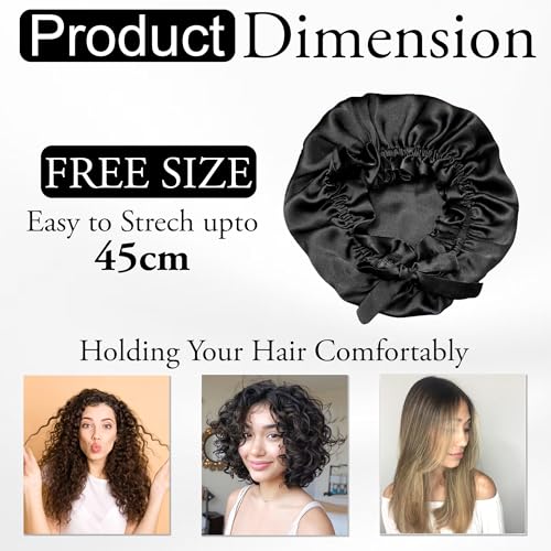 Image of GLUN Hair Protector Bonnet Cap with 3 Scrunchies Combo, Pack of 1 Black Colour, Prevents Hair Breakage, Frizz Control and Moisture Retention, Ideal for Curly & Natural Hair