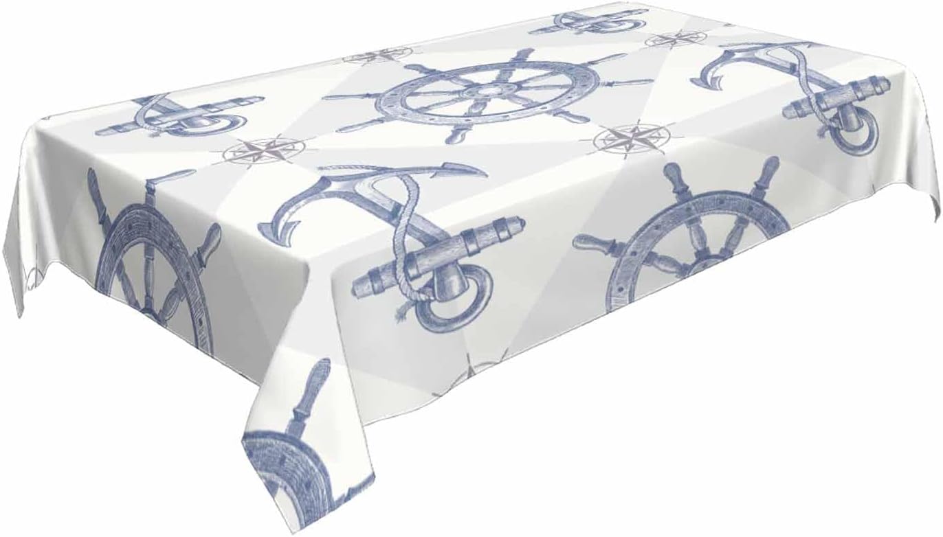TKS MITLAN Tablecloth Ship Anchor Table Cloth Rectangle Table 60 x 84 Inch Rudder Compass Nautical Journey Vintage Kitchen Decorations for Home Dinner Party