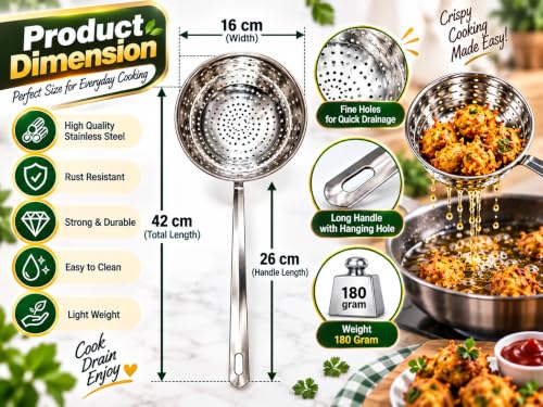 Image of 304 Stainless Steel Cooking Skimmer Jhara with Long Handle, Heavy Duty Spider Strainer Slotted Spoon for Deep Frying, Oil Draining, Pasta, Noodles, Poached, Pakora, Puri & Fries Cooking (Set 1)