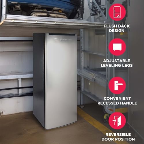 Frigidaire Upright Freezer, 6.5 cu. ft., Deep Freeze, Vinyl Coated Metal with Wire Shelving, Compact for Kitchen, RV, Dorm, Cabin, and Trailer, Platinum Design Series, Silver - 21D x 23W x 56H on Fridge.com