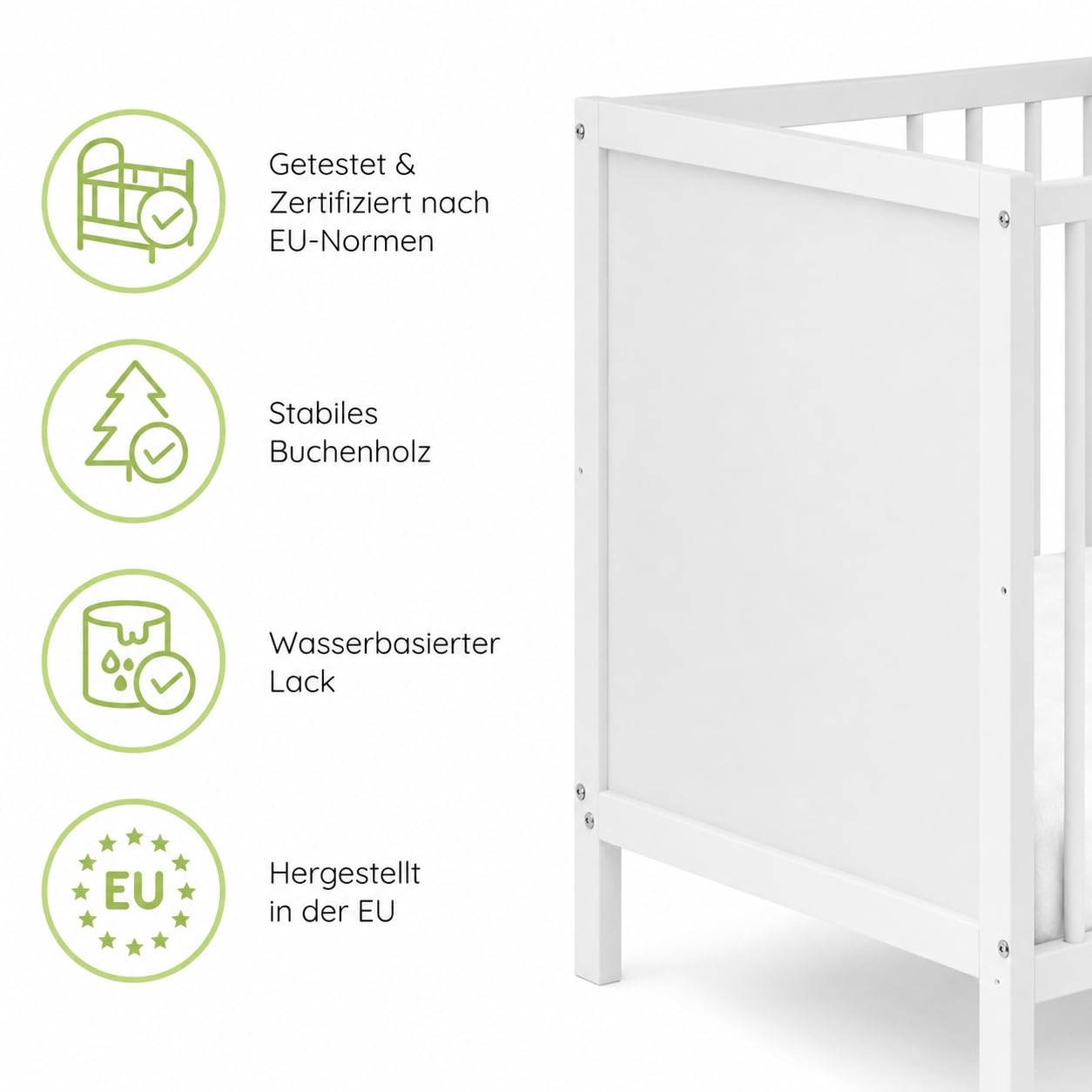 Kids Collective Babybett Kinderbett Beistellbett | Modulares Gitterbett Lattenrost 3-Fach höhenverstellbar & abnehmbare Sprossen | Baby Bett Holz Kinderzimmer | 120x60 cm | Weiß