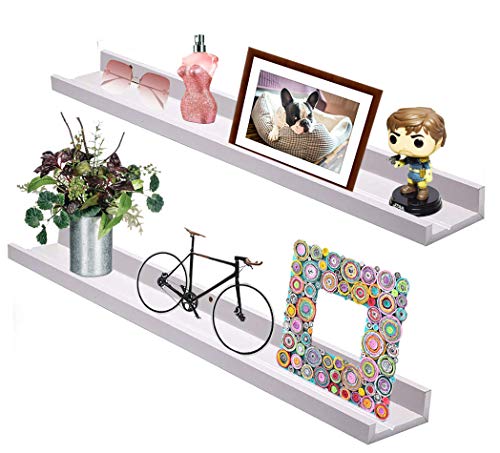 Picture Shelf with Ledge, Set of 2 Photo Ledge Shelves with Groove, White Floating Wall Shelf for Display Book and Frame, 36 Inches Long, Ideal for Nursery and Room DÃ©cor