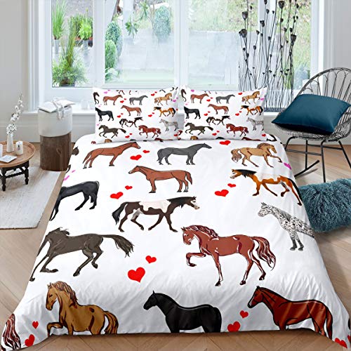 Cute Horse Bed Linen for Kids Girls Ponies Heart Bedding Set Cartoon Farm Animals Duvet Cover Horse Fuzzy Bedding &Linen Kids Bedding Wildlife Comforter Cover King Bed Cover with 2 Pillowsham