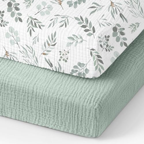 Image of Organic Pack and Play Sheets Fitted 38 inchx26 inch 100% Muslin Cotton, Mini Crib Sheets Compatible with Graco /hiccapop /YENING /Dream On Me /Babylicious Pack N Play Mattress, Playard Bedding Sheet Bed Cover