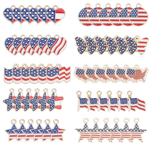 DTOFOOT 60Pcs Patriotic Charms American Flag Enamel Charms Red White Blue Pendants Charm for Jewelry Making Independence Day 4th of July Star Heart Charm Ornaments for Jewelry Making and DIY Crafts