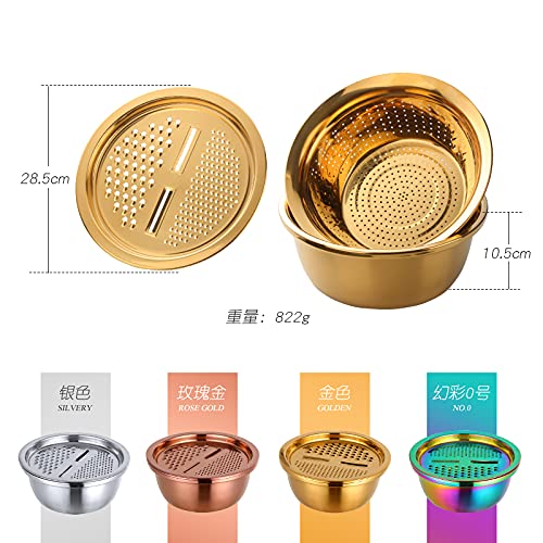 Meisha Colander, 3Pcs Stainless Steel Kitchen Tool 3 In 1 Drain Basket Fruit And Vegetable Cutter Strainer Bowl Set Drain Pot Basket Grater For Fruits Vegetables Rice Washing Mixing, - Iridescent #TOP4