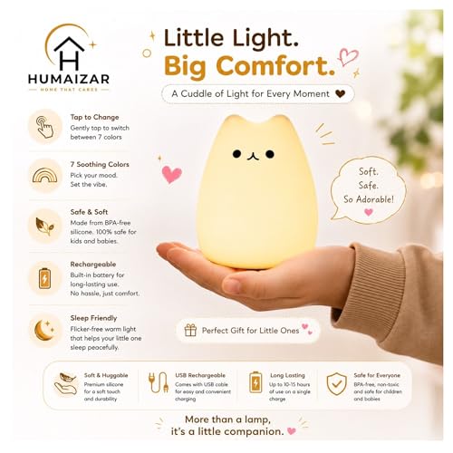 Image of HUMAIZAR Cute Silicone Cat Night Light - Rechargeable LED Cat Lamp with Touch Control, Color Changing Kids Bedside Lamp