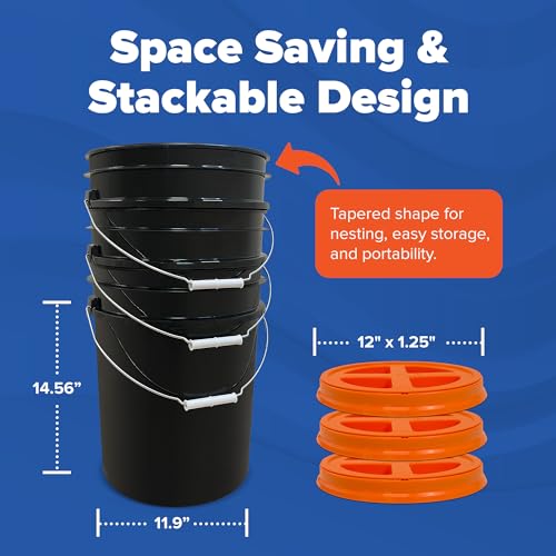 Image of ePackageSupply 5 Gallon Bucket - Food Grade w /Lid BPA-Free, Black /Orange, 3 | Airtight Gamma Seal Screw-On Lid, Heavy-Duty 90 Mil HDPE Plastic, Food Safe and Durable Container, Bulk Storage, Made in USA