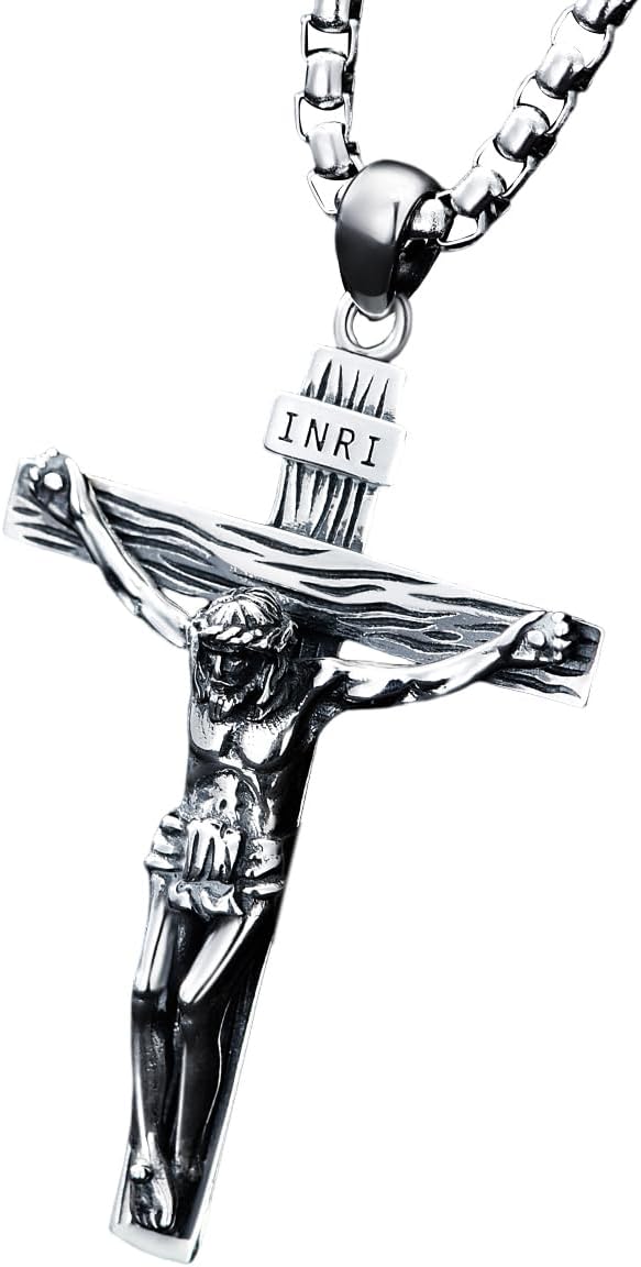Crucifix Necklace for Men Sterling Silver Men’s Crucifix Cross Pendant with 22”+2” Stainless Steel Chain Gift for Men
