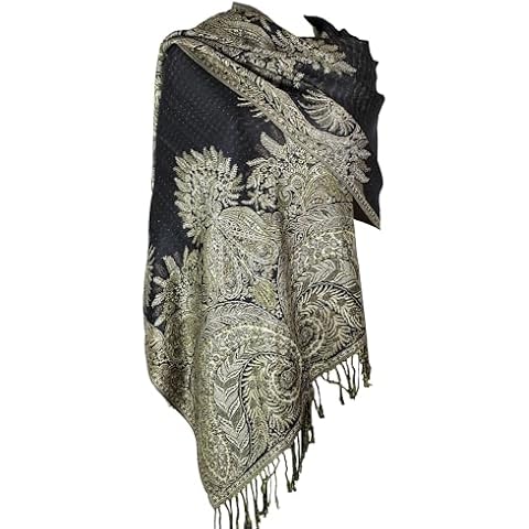 Achillea Luxurious Big Paisley Jacquard Layered Woven Pashmina Shawl Wrap Scarf Stole (Black) Cover