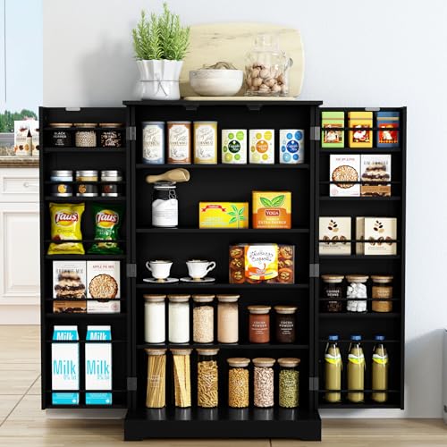 HOLTICO 41\'\' Freestanding Pantry Cabinet, Kitchen Pantry Storage Cabinet with Doors and Adjustable Shelves, Food Pantry Cabinet for Kitchen, Dining Room, Living Room and Garage,Pure Black