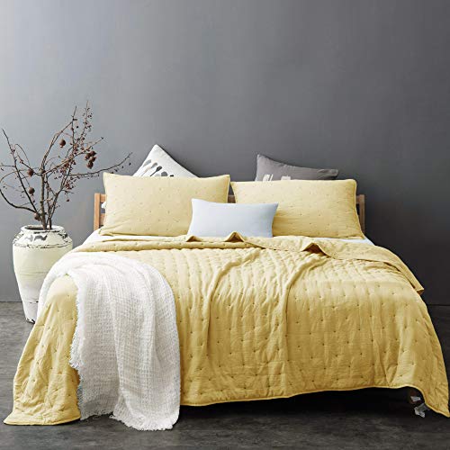 3 Piece Quilt Mini Set Ultra Soft Machine Washable Lightweight All-Season Nostalgic Design Solid Color (King + 2 King Shams, Bright Yellow) #TOP2
